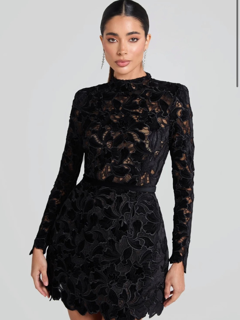 NADINE MERABI Black Floral Lace Long-Sleeve Mini Dress